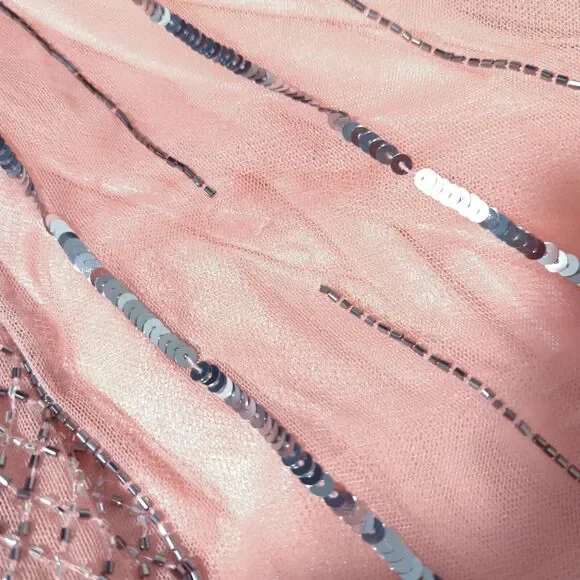 Mac Duggal Women 6 Striped Sequin V Neck Gown Rose Pink Beading 70108 NEW FLAW